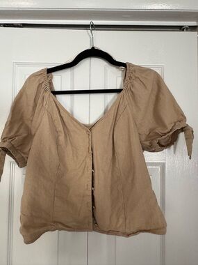 Express Beige Puff Sleeve Button-Front Top